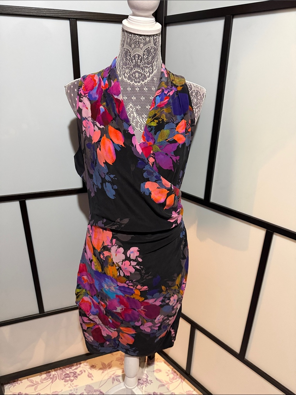 Floral Wrap-Style Black Mini Dress with Vibrant Pink & Purple Blooms
